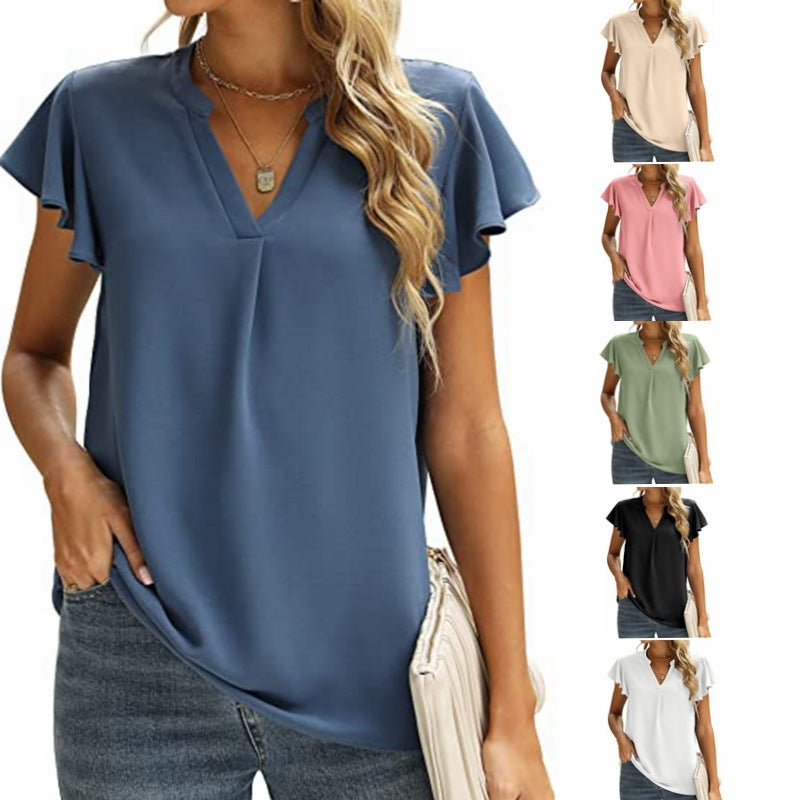 Blusa informal de gasa de color liso con cuello en V y mangas cortas con volantes para mujer