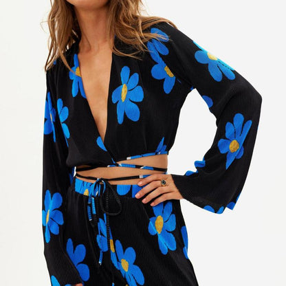 Conjunto de pantalones de manga larga con escote en V profundo y estampado floral informal a la moda para mujer