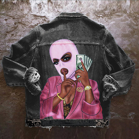 Chaqueta vaquera informal de manga larga con estampado gráfico y botonadura sencilla para mujer