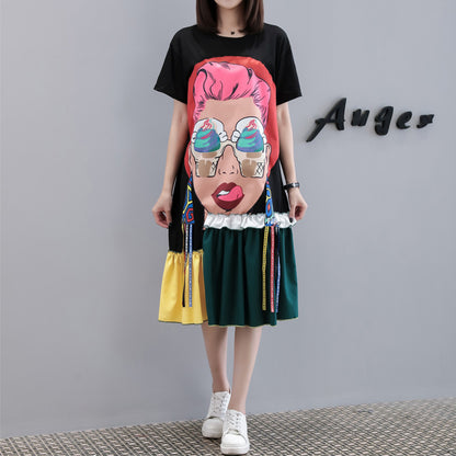 Women Plus Size Casual Fashion Graphic Girl Print Short Sleeve Color Blocking Hem Loose Dress