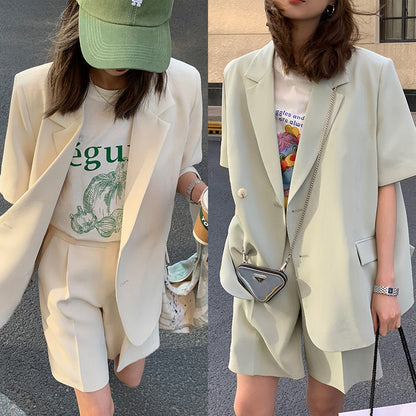 Conjunto elegante de dos piezas para oficina, de verano, informal, holgado, de manga corta y blazer corto.