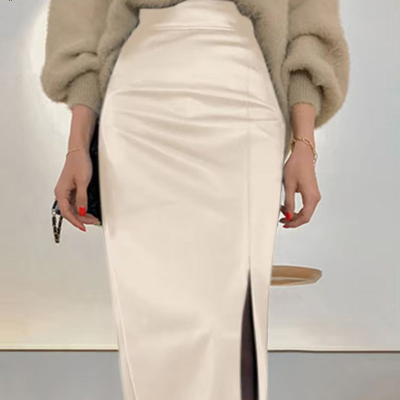 Spring And Autumn Women Casual Pu Leather Split High Waist Skirt