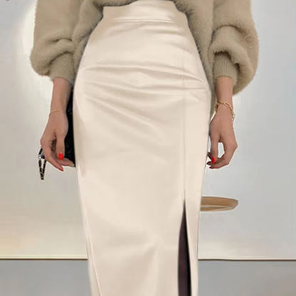 Spring And Autumn Women Casual Pu Leather Split High Waist Skirt