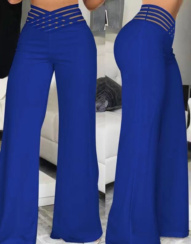 Summer Women Hollow High Waist Casual Straight Loose Office Solid Wide Leg Pants