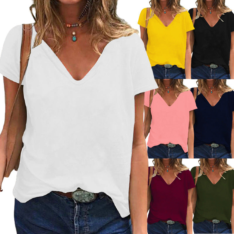 Women Casual Loose Plus Size V-Neck Short-Sleeved Solid Color Blank T-Shirt