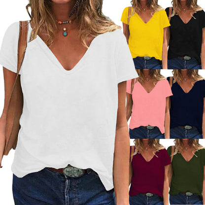 Women Casual Loose Plus Size V-Neck Short-Sleeved Solid Color Blank T-Shirt