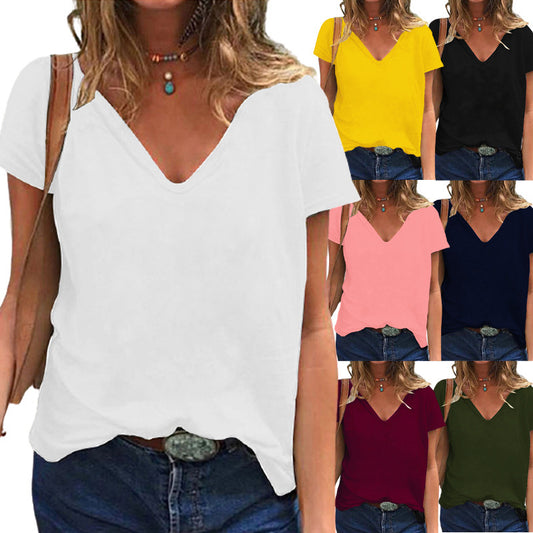 Camiseta informal holgada de talla grande para mujer, con cuello en V, manga corta, color liso