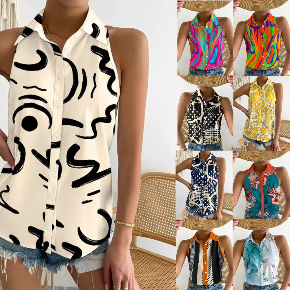 Summer Casual Fashion Strapless Abstract Print Women Shirt Blouse