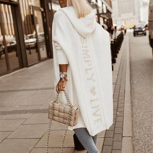 Women Casual Autumn Knitted Cardigan Lazy Loose Solid Color Long Sleeves Hooded Over Coat