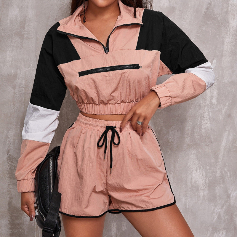 Conjunto deportivo informal de dos piezas para mujer, con panel de contraste, cremallera, cuello alto, manga larga, elástico, top y pantalones cortos