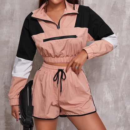 Conjunto deportivo informal de dos piezas para mujer, con panel de contraste, cremallera, cuello alto, manga larga, elástico, top y pantalones cortos
