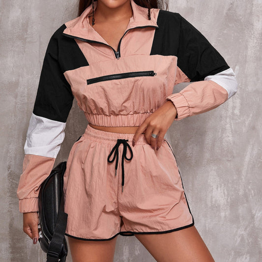 Conjunto deportivo informal de dos piezas para mujer, con panel de contraste, cremallera, cuello alto, manga larga, elástico, top y pantalones cortos