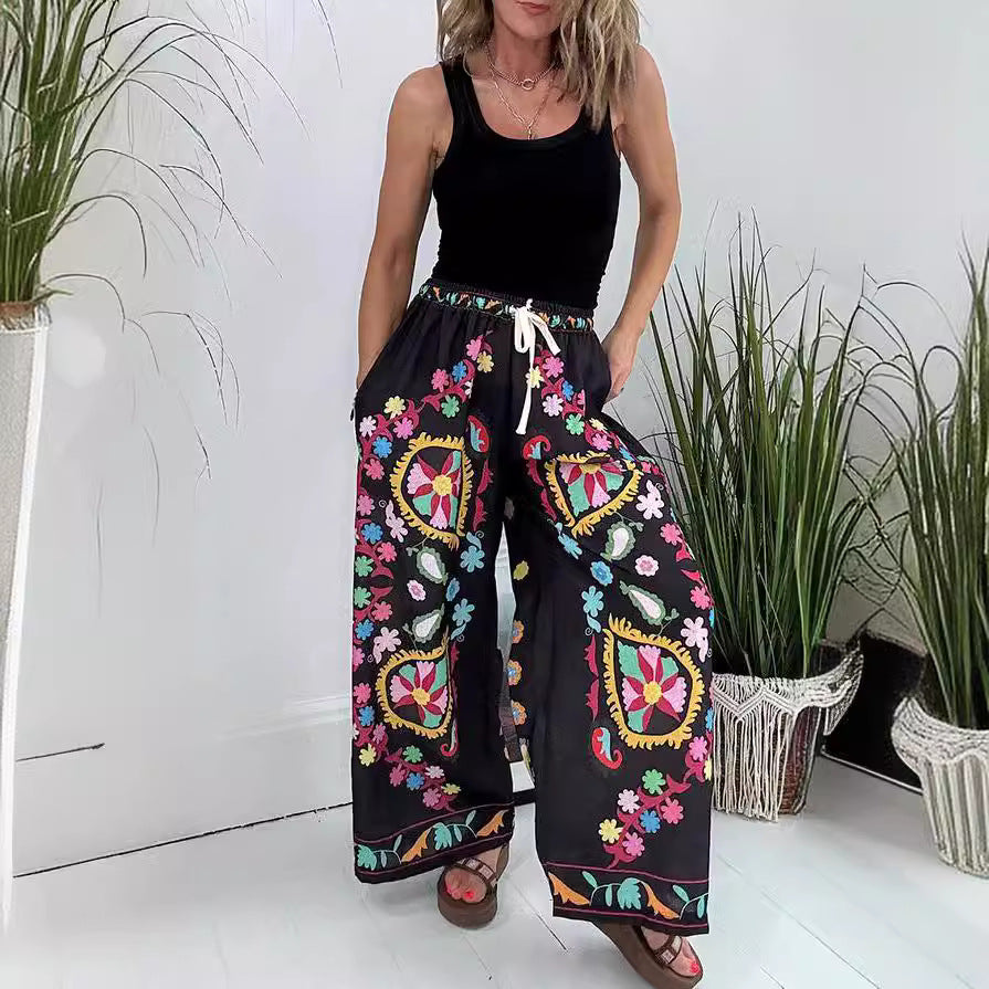 Ethnic Vintage Boho Women Spring And Summer Lace-Up Imitation Denim Floral Printed Pocket Loose Casual Pants