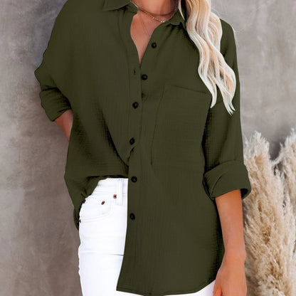 Blusa informal de lino y algodón con botones, cuello en V y manga larga para mujer