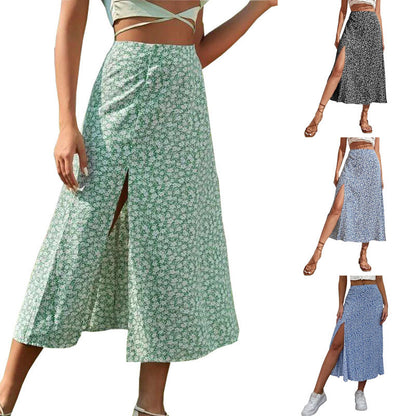 Women Fashion Casual Tiny Flower Printing Slit Skirt