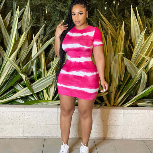 Women Fashion Casual Stripe Print Short Sleeve Tight Dress