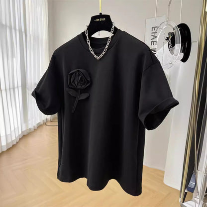 Camisetas casuales de algodón con cuello redondo y flores para mujer