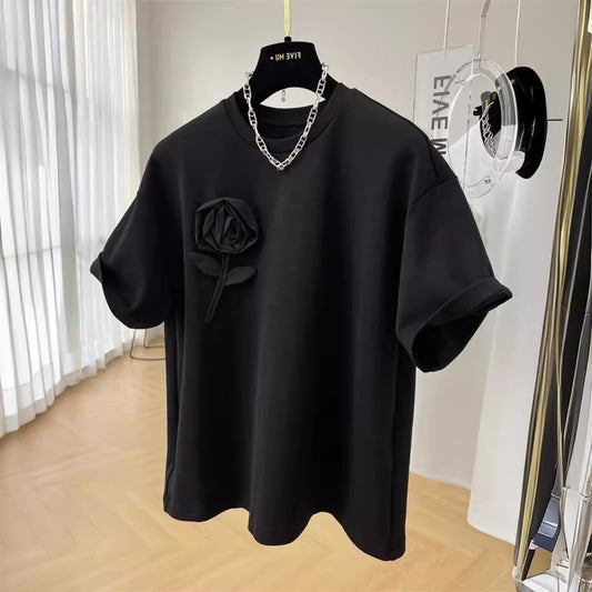 Camisetas casuales de algodón con cuello redondo y flores para mujer