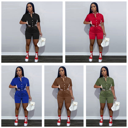 Conjunto de dos piezas de uniforme de béisbol y pantalones cortos de manga corta con botonadura sencilla para mujer, estilo deportivo e informal