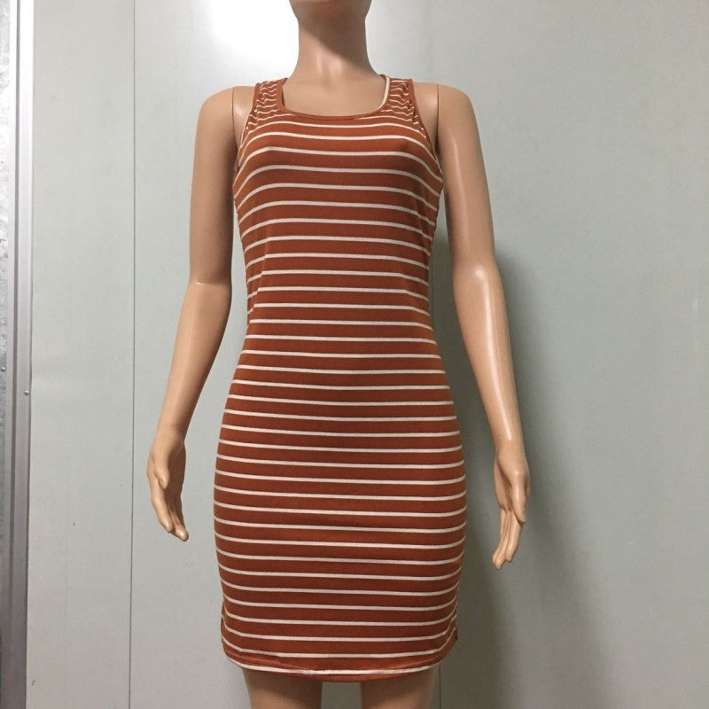 Women'S Fashion Casual Stripe Slim Fit Sleeveless Tank Top Long Dress