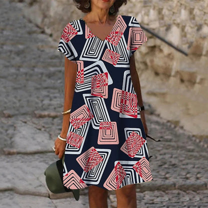 Women Fashion Casual Short Sleeve V Neck Loose Graphic Print Dress