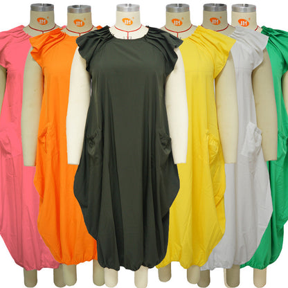 Vestido holgado informal de talla grande con mangas casquillo y volantes de color liso a la moda para mujer