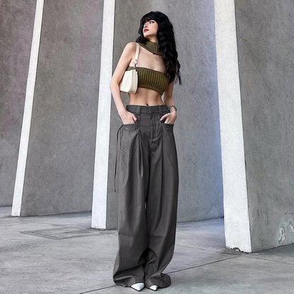 Women Solid Color Low Rise Pocket Loose Fashion Casual Pants