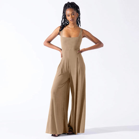 Women Fashion Casual Solid Color Strap Wide Leg Jumpsuits