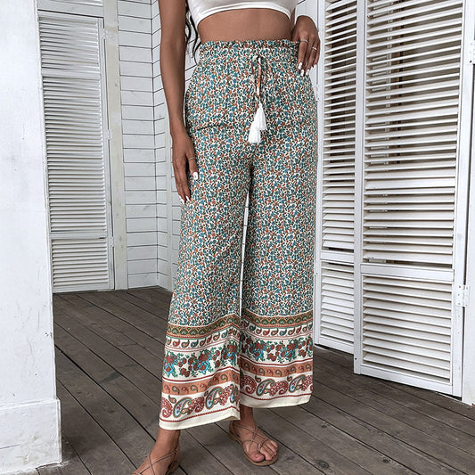 Pantalones anchos bohemios con estampado casual de vacaciones para mujer