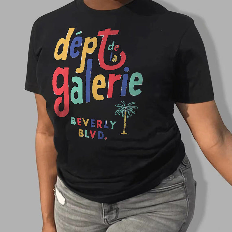 Camiseta informal de manga corta con cuello redondo y estampado de letras para mujer