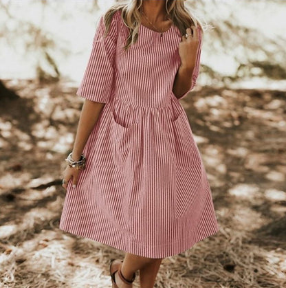 Women Round Neck Stripe Pocket Loose Casual Dress