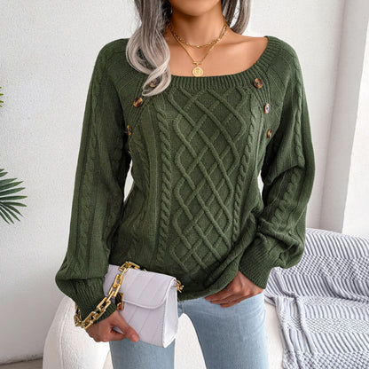 Autumn Winter Women Fashion Casual Square Collar Nail Twist Knitted Sweater
