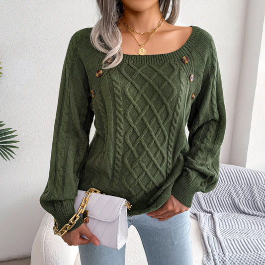 Autumn Winter Women Fashion Casual Square Collar Nail Twist Knitted Sweater