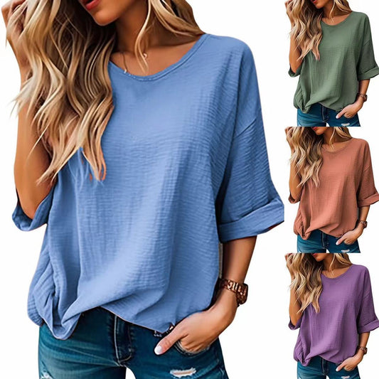 Camiseta informal de verano para mujer, cuello redondo, manga corta, sin mangas