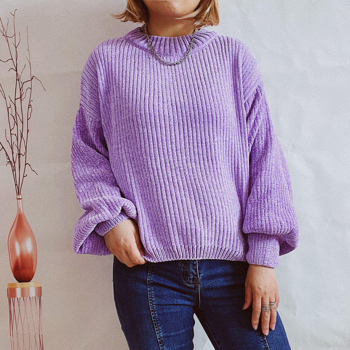 Autumn And Winter Solid Color Casual Round Neck Lantern Sleeve Short Knitted Pullover Sweater Women