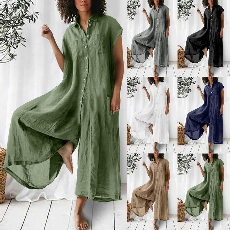 Casual Women Loose Comfortable Linen Solid Color Short Sleeve Single-Breasted Jumpsuits