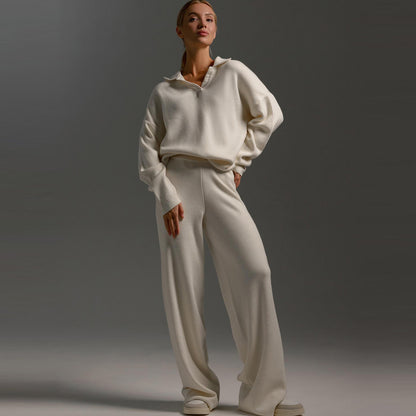 Conjunto de dos piezas de camiseta y pantalones de manga larga de punto con cuello polo informal para mujer