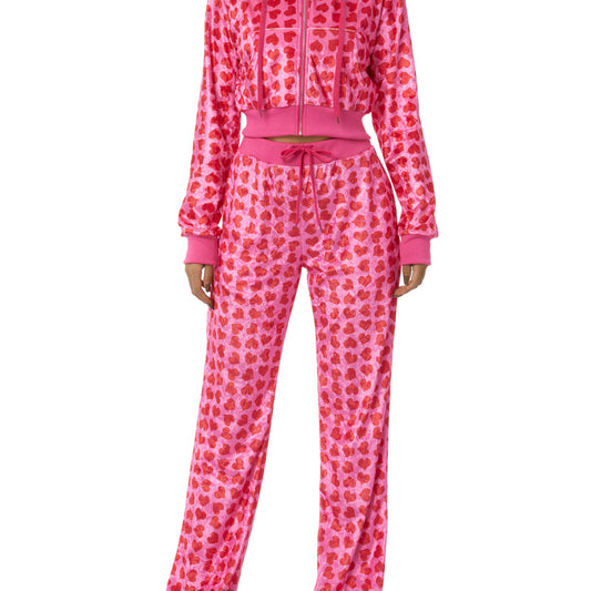 Conjunto informal de sudadera y pantalón de manga larga con estampado de corazón rosa para mujer