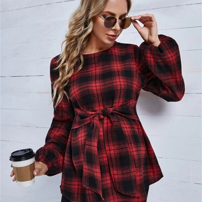 Pregnant Women Casual Plaid Lantern Sleeve Maternity Clothes Top