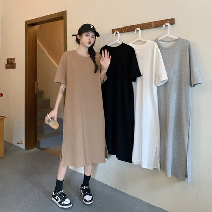 Vestido casual de manga corta de color liso para mujer