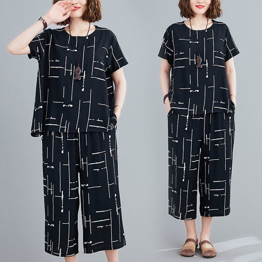 Conjunto de camiseta informal holgada de manga corta y pantalón ancho para mujer