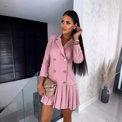 Vestido plisado de manga larga ajustado con cuello en V informal de moda de otoño para mujer