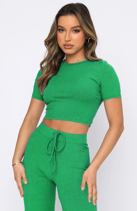 Conjunto de dos piezas para mujer, informal, de color sólido, elástico, ajustado, de manga corta y pierna ancha