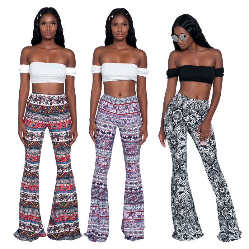 Women Printed High Waist Fashion Casual Flared Pants