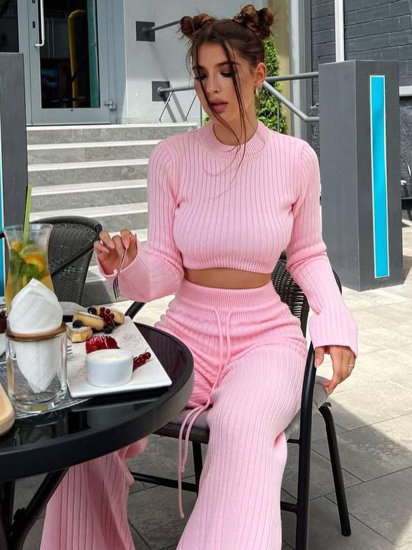 Conjunto de dos piezas de top corto de punto con cuello redondo y manga larga para mujer, informal, con cordones