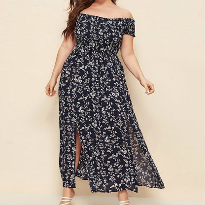 Women Plus Size Casual Bohemian Floral Print Off Shoulder Slit Maxi Dress