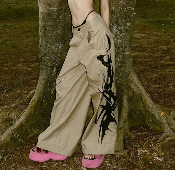 Women Personality Ink Painting Pattern Casual High Waist Drape Straight Pants