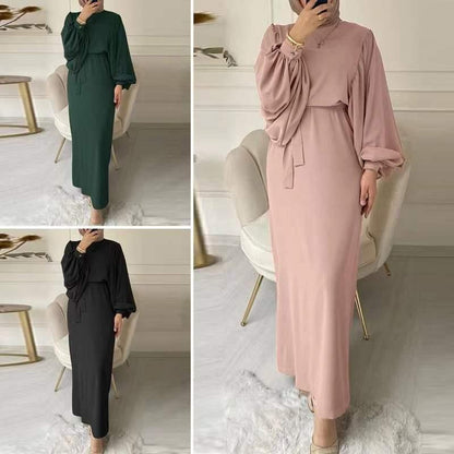 Women Fashion Casual Solid Color Round Neck Puff Sleeve Maxi Dress
