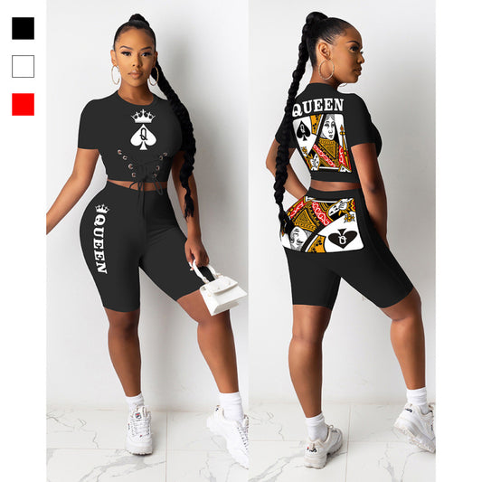 Women Fashion Black Q Poker Queen Printed Casual Summer T-Shirt And Shorts Set