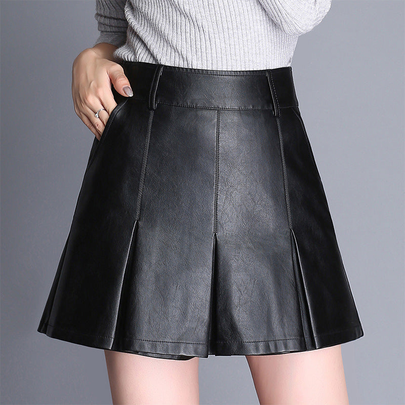 Women PU Leather Solid Color High Waist Fashion Casual Pleated Skirt
